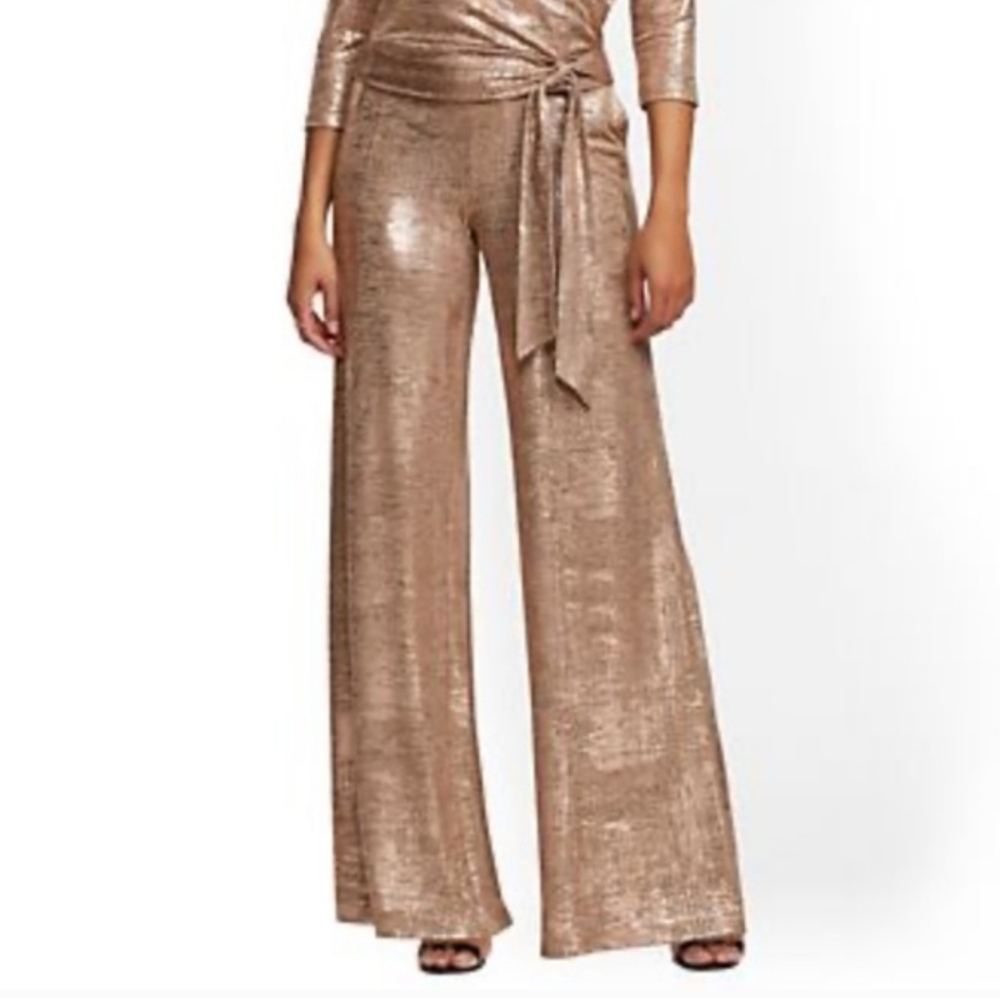 New York & Company Metallic Rose Gold Wide-Leg Jumpsuit Pants